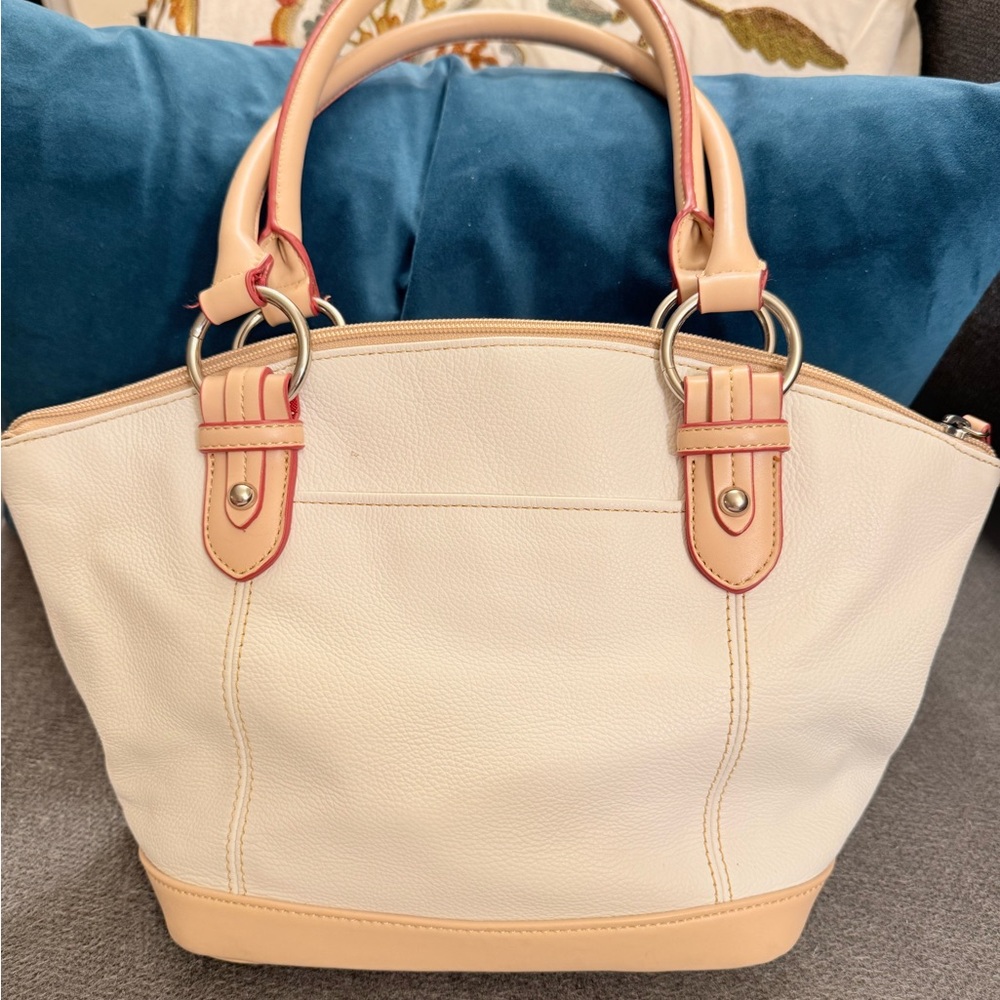 Tignanello Handbag Bone & Tan Leather Red Piping Metal Feet Like New - Picture 3 of 9